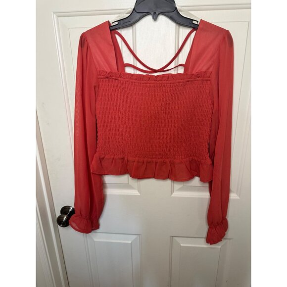 Miss Chievous Coral Smocked Long Sleeve Top With Ruffle Hem & Open Back Size L - Picture 4 of 6